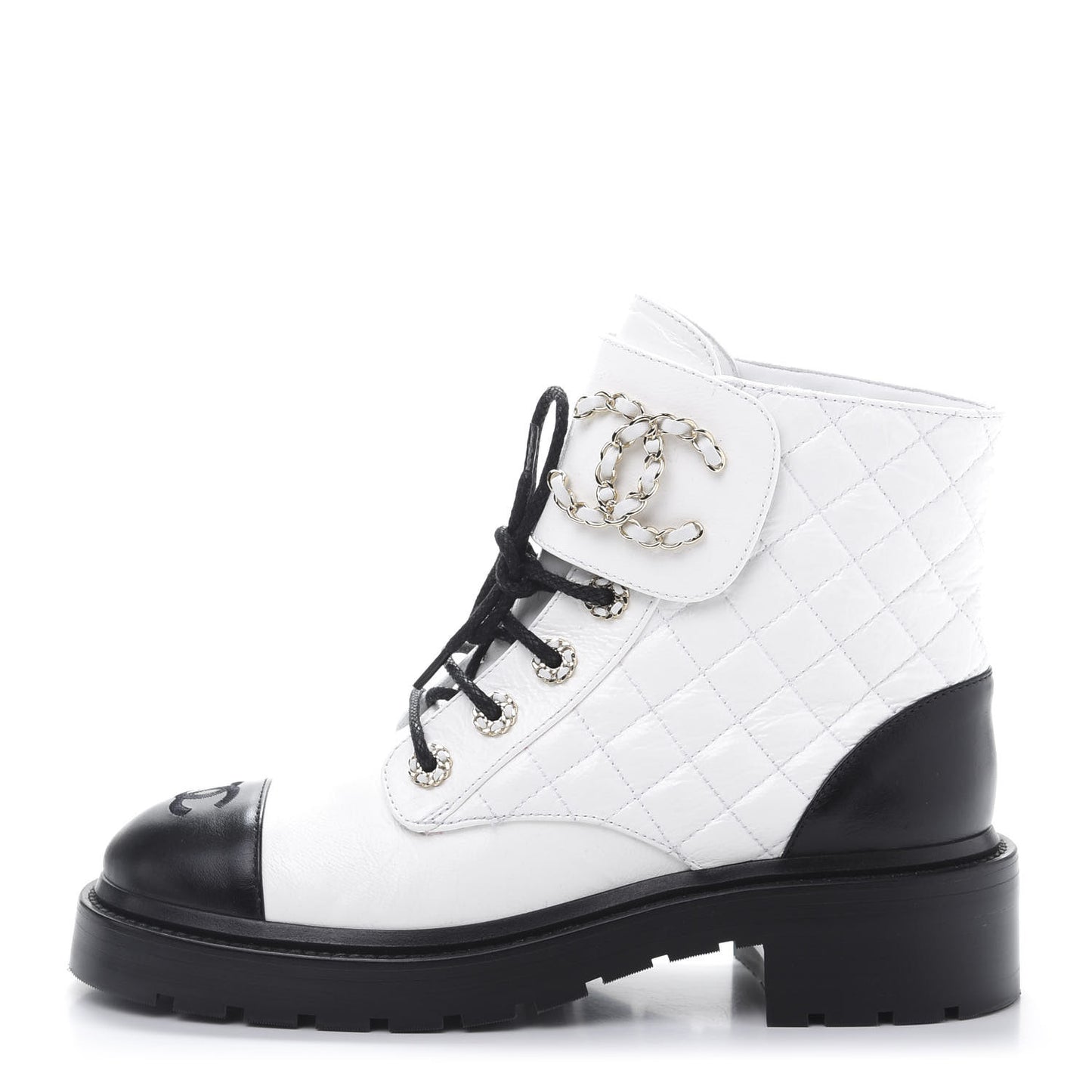 Shiny Goatskin Calfskin Quilted Lace Up Combat Boots 38.5 White Black