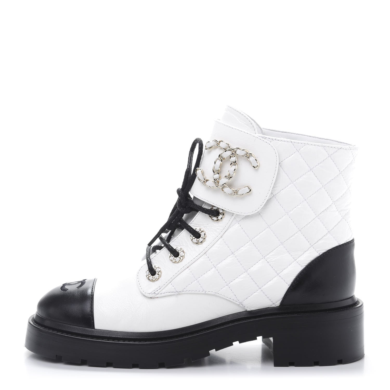 Chanel Shiny Goatskin Calfskin Quilted Lace Up Combat Boots 38.5 White Black 1 of 8