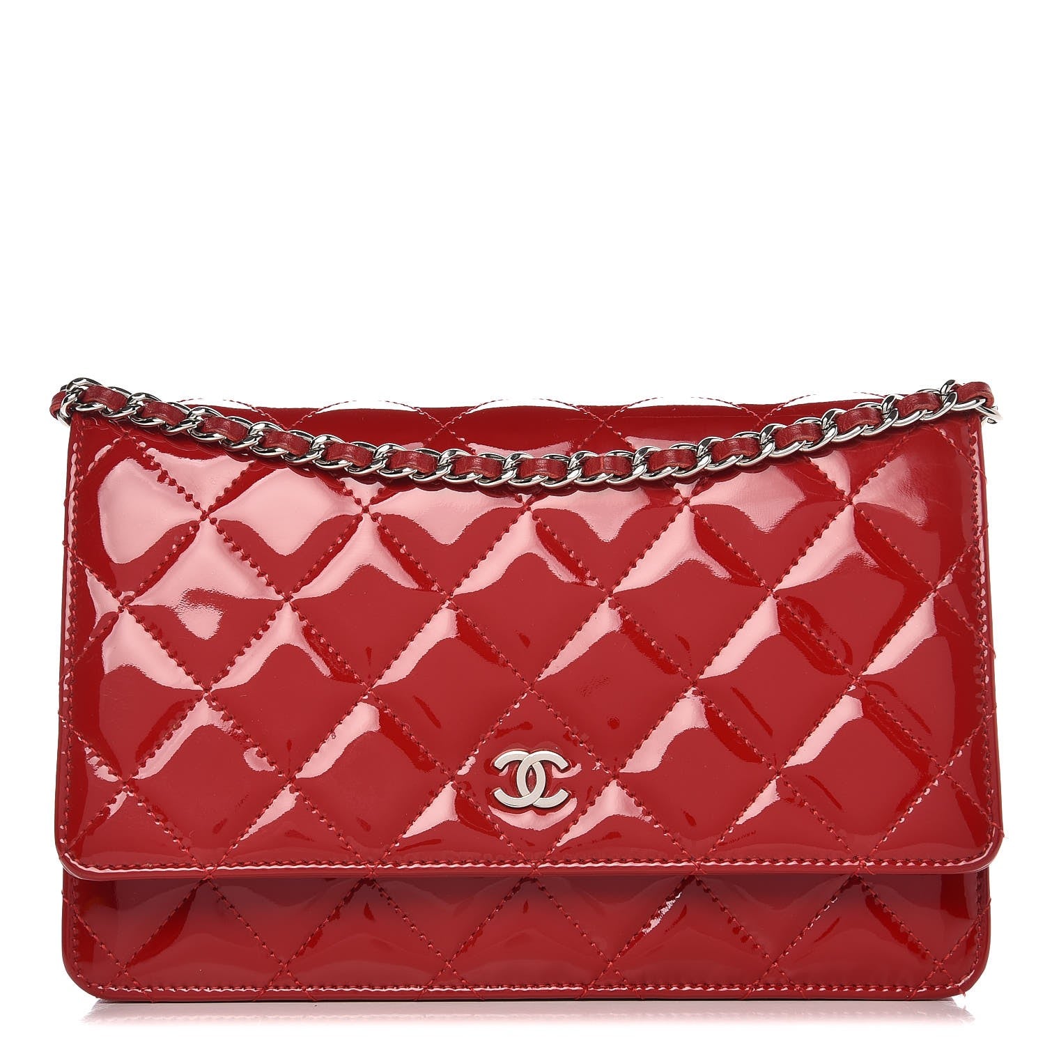 Chanel Patent Quilted Wallet On Chain WOC Red 1 of 9