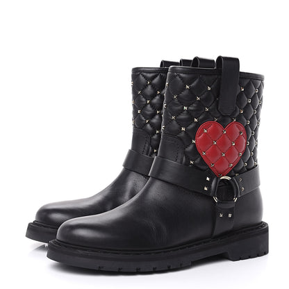 Valentino Garavani Calfskin Nappa Heart Rockstud Spike Biker Boots 38 Black 3 of 9