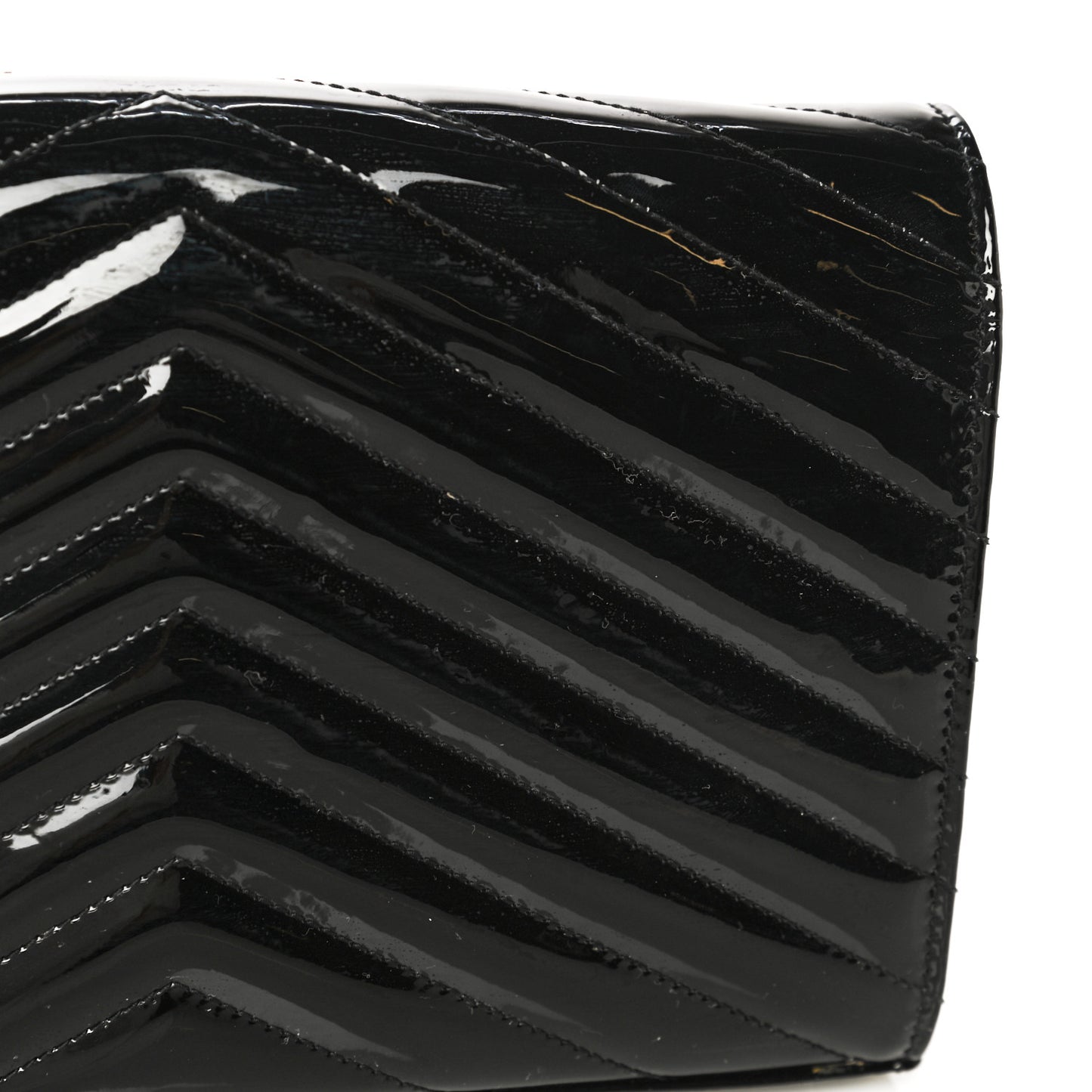 Patent Matelasse Chevron Monogram Chain Wallet Black