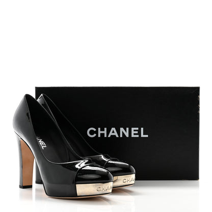 Chanel Patent Silver Cap Toe CC Pumps 39.5 Black 10 of 10