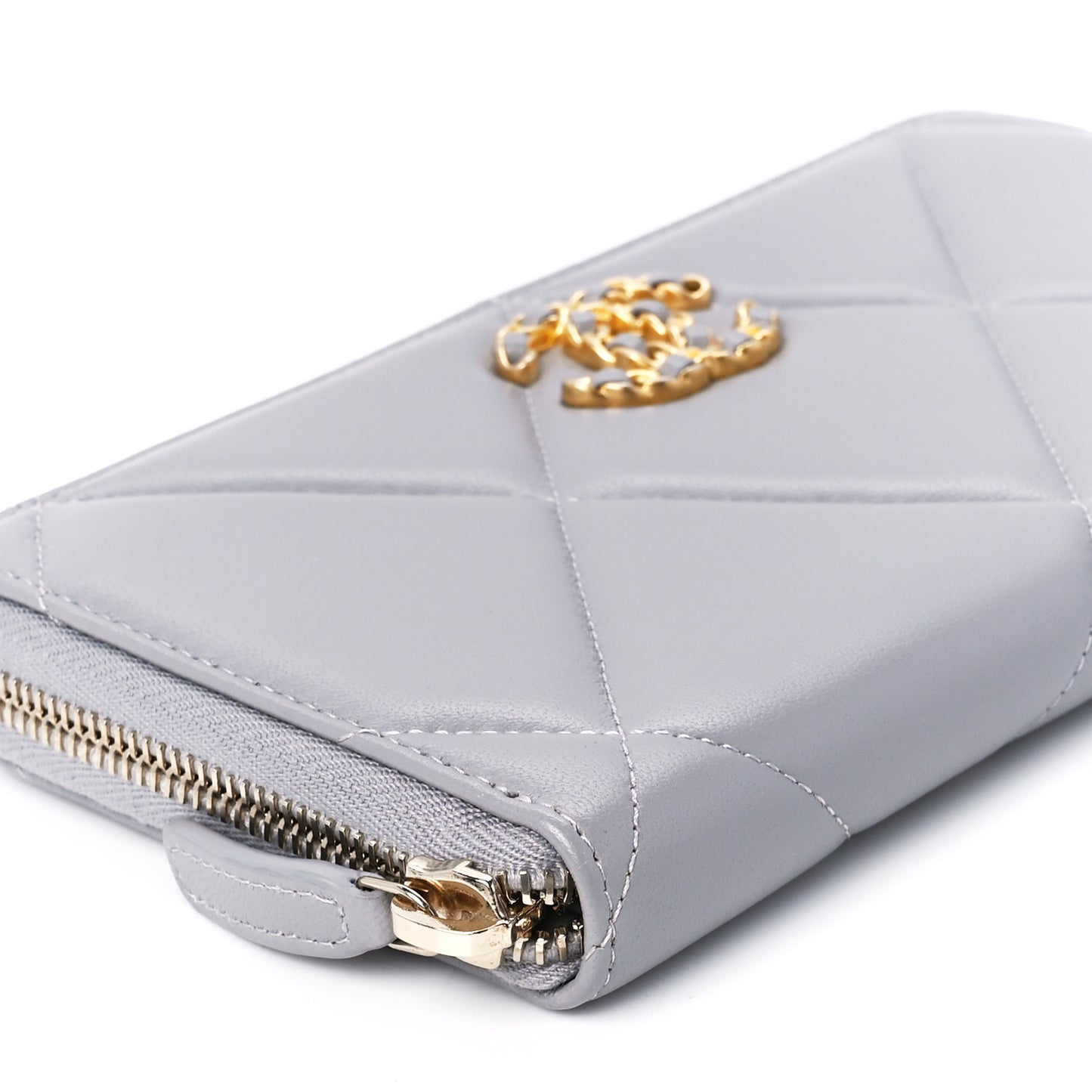 Lambskin Quilted Chanel 19 Long Zipped Around Wallet Grey