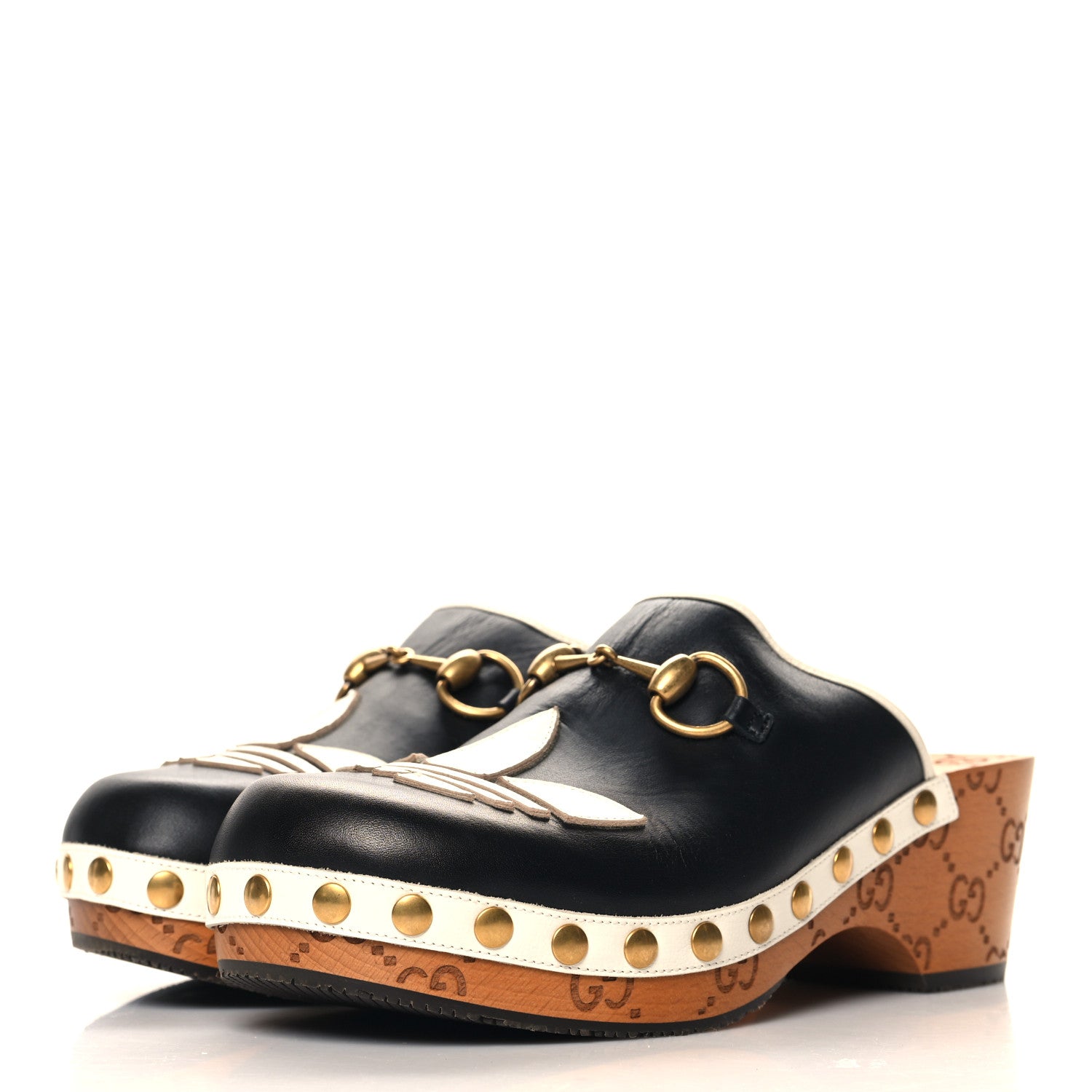 Gucci X ADIDAS Quebec Calfskin Quentin Goatskin Horsebit Trefoil Clog Mules 37 Black Off White 4 of 9