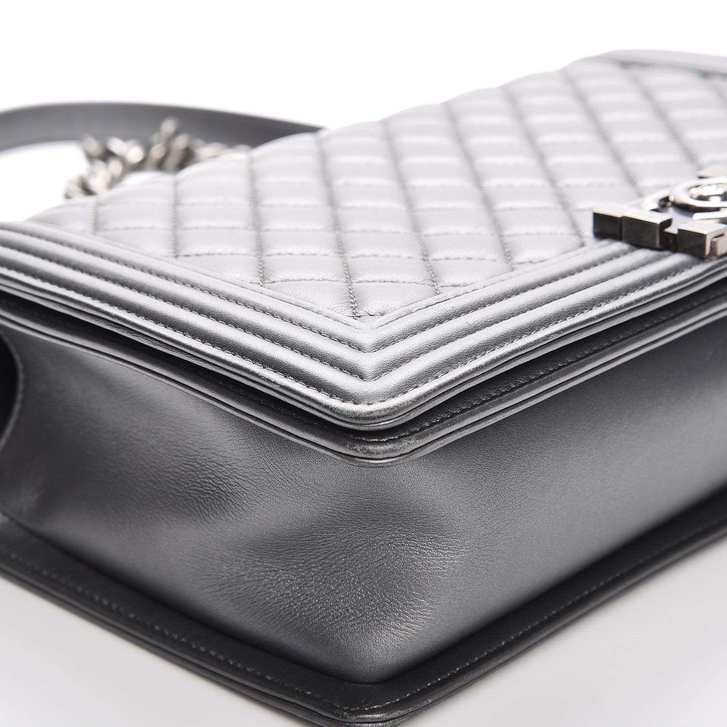 Metallic Calfskin Quilted New Medium Boy Flap Dark Silver