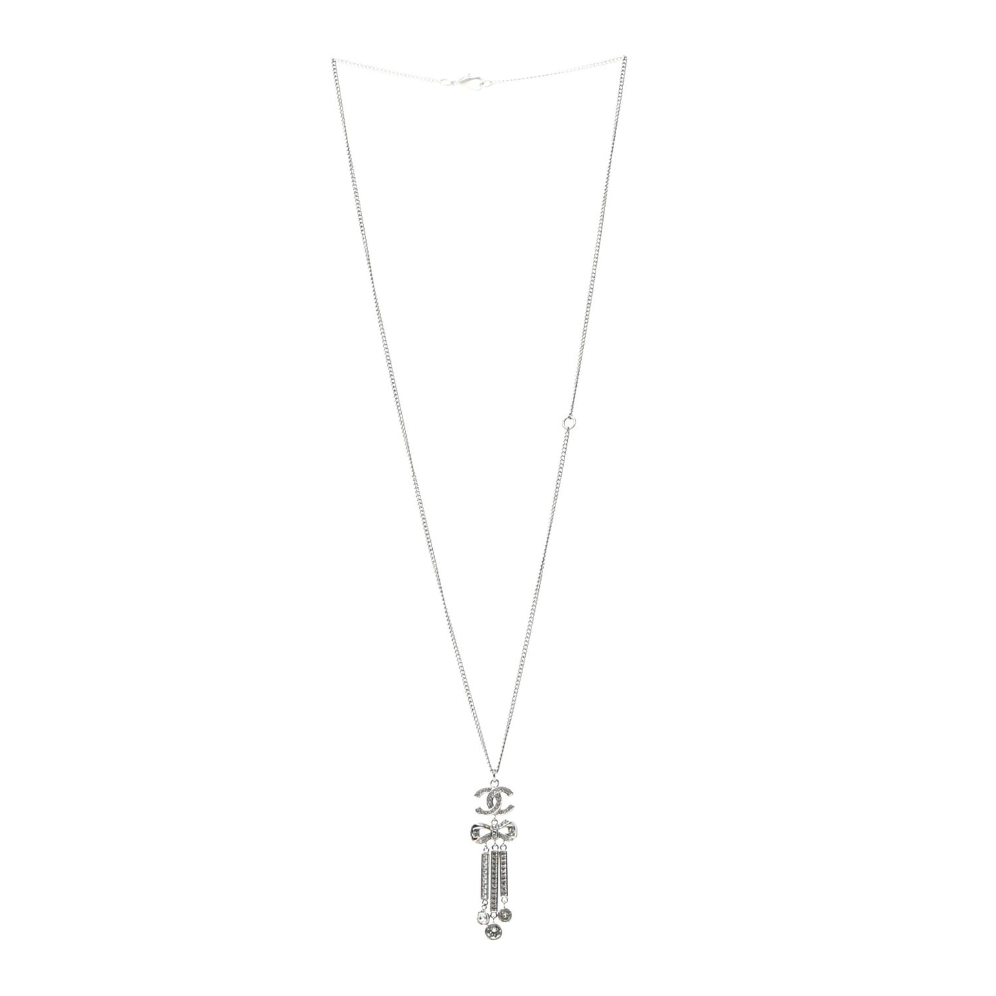 Crystal CC Bow Drop Necklace Silver