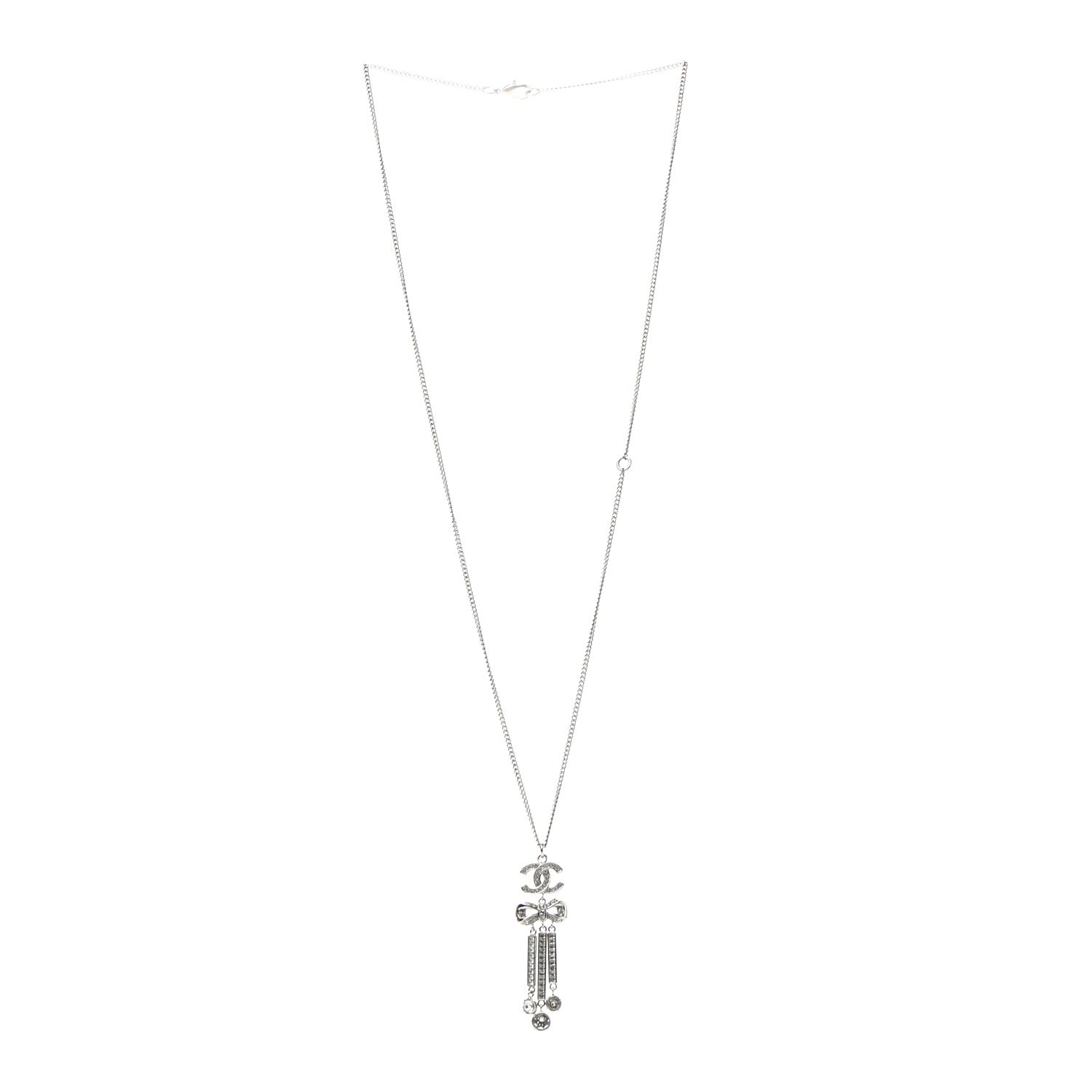 Chanel Crystal CC Bow Drop Necklace Silver 3 of 6