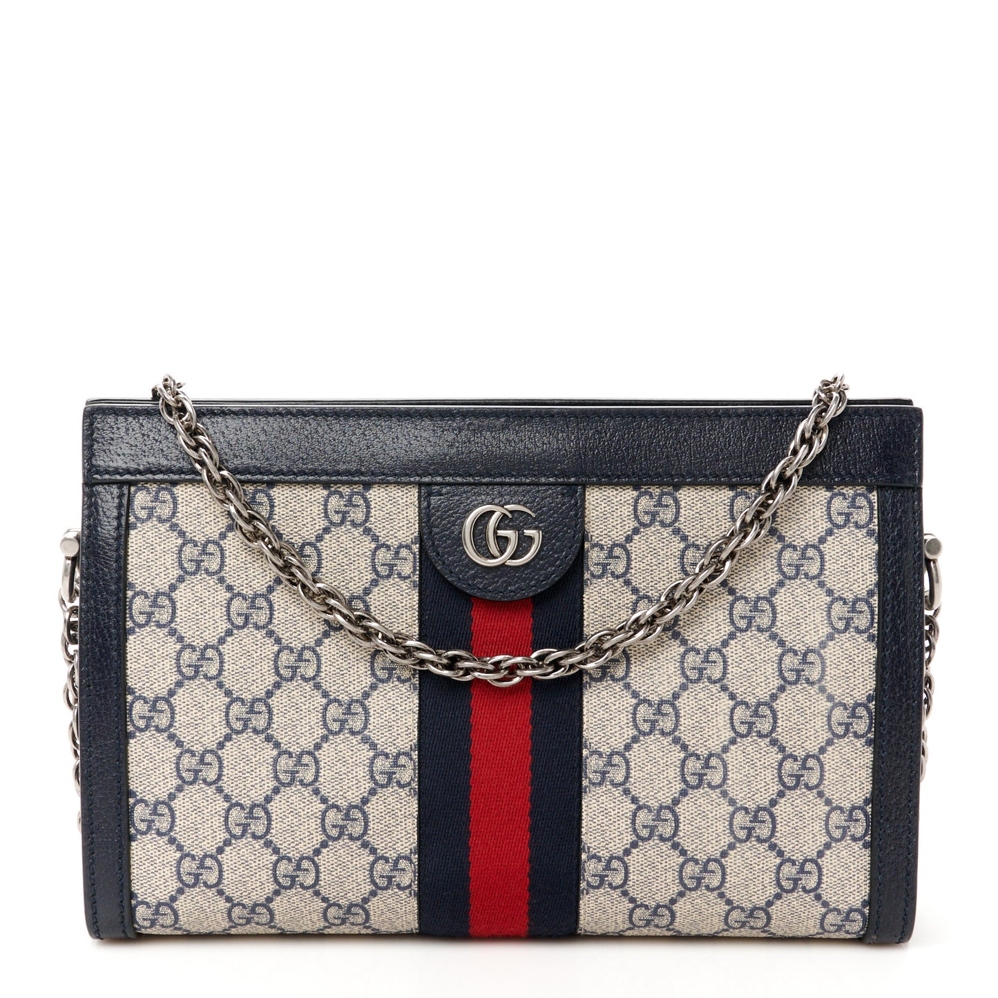 GG Supreme Monogram Textured Dollar Calfskin Web Small Ophidia Chain Shoulder Bag Beige Blue
