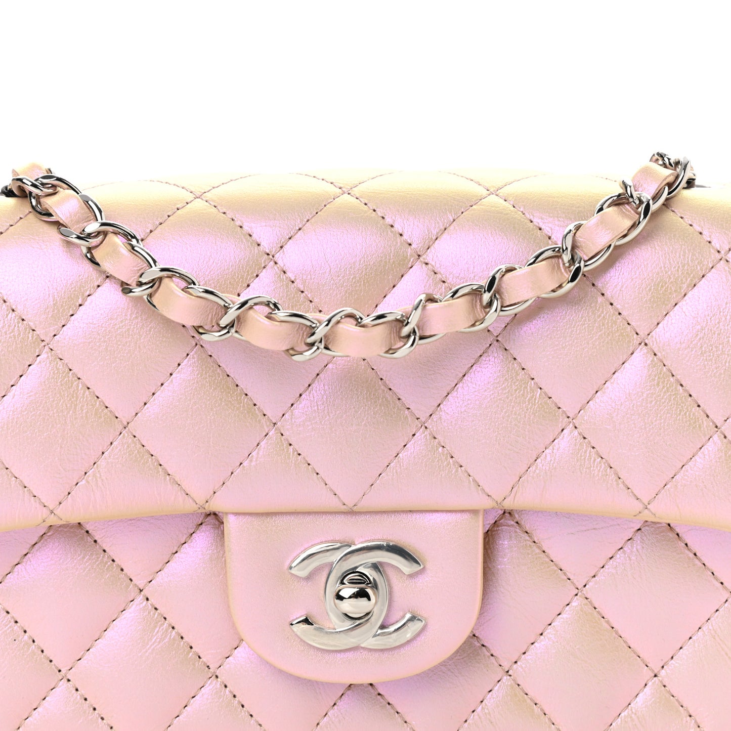 Iridescent Calfskin Quilted Mini Rectangular Flap Pink