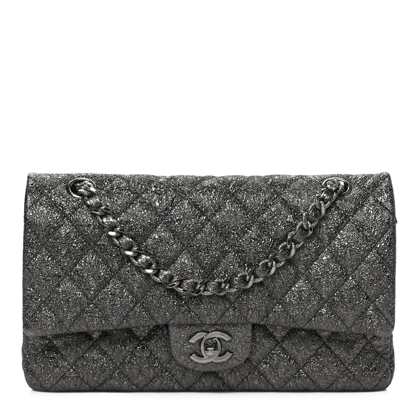 Metallic Crackled Calfskin Medium Double Flap Argent Fonce