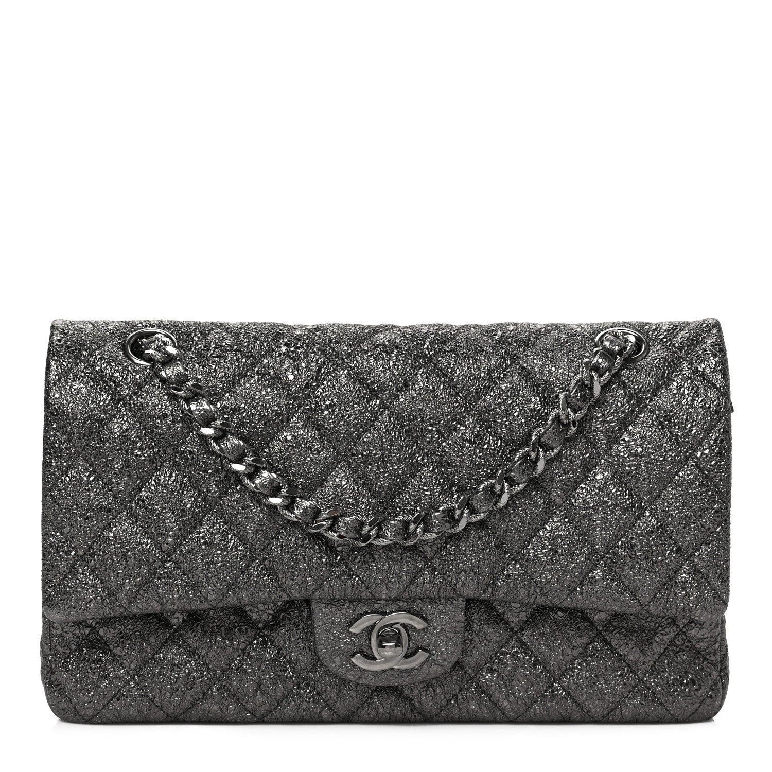 Chanel Metallic Crackled Calfskin Medium Double Flap Argent Fonce 1 of 8