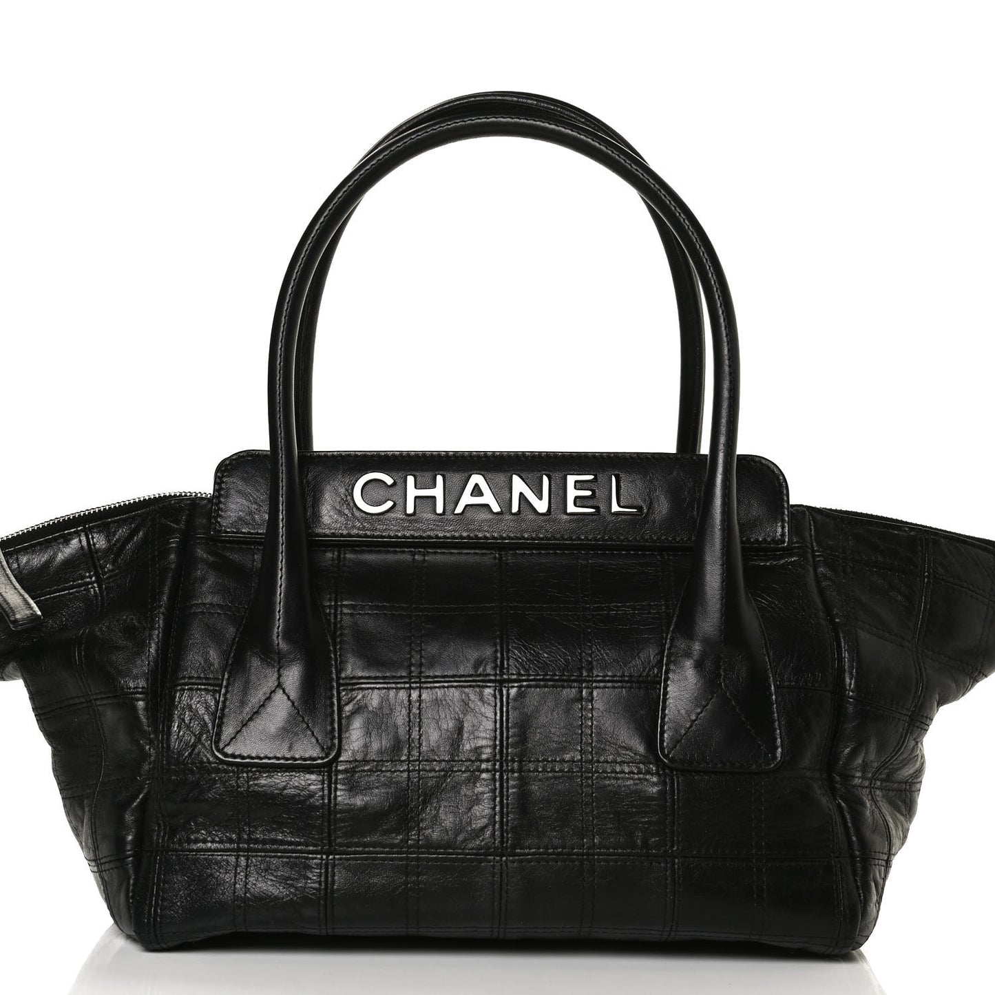 Lambskin Square Stitched Lax East West Tote Black