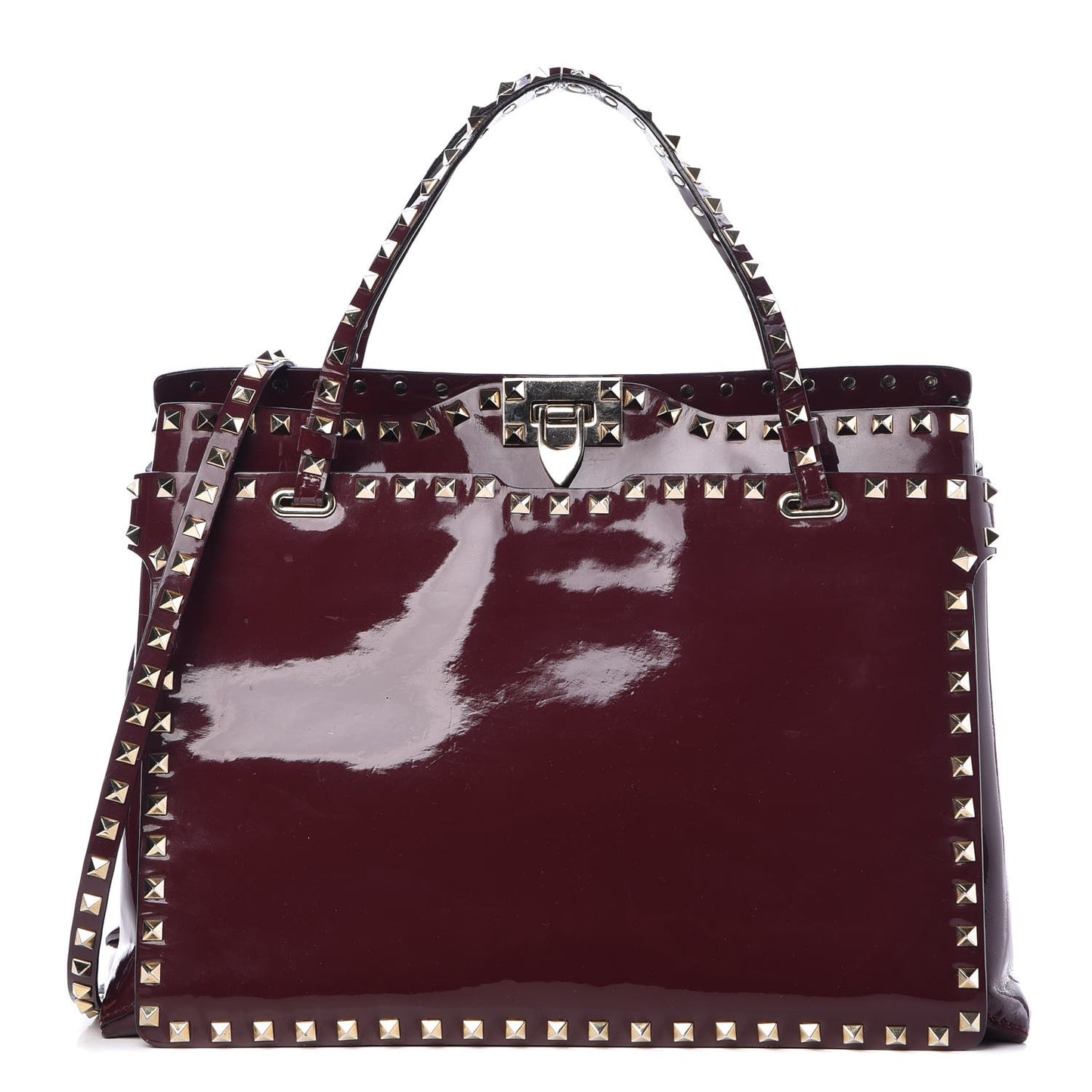 Patent Rockstud Flip Lock Tote Rubin