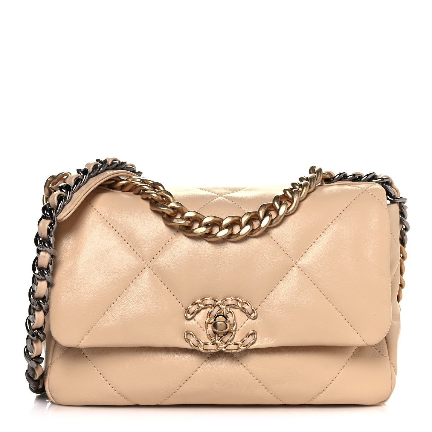 Shiny Goatskin Quilted Medium Chanel 19 Flap Beige