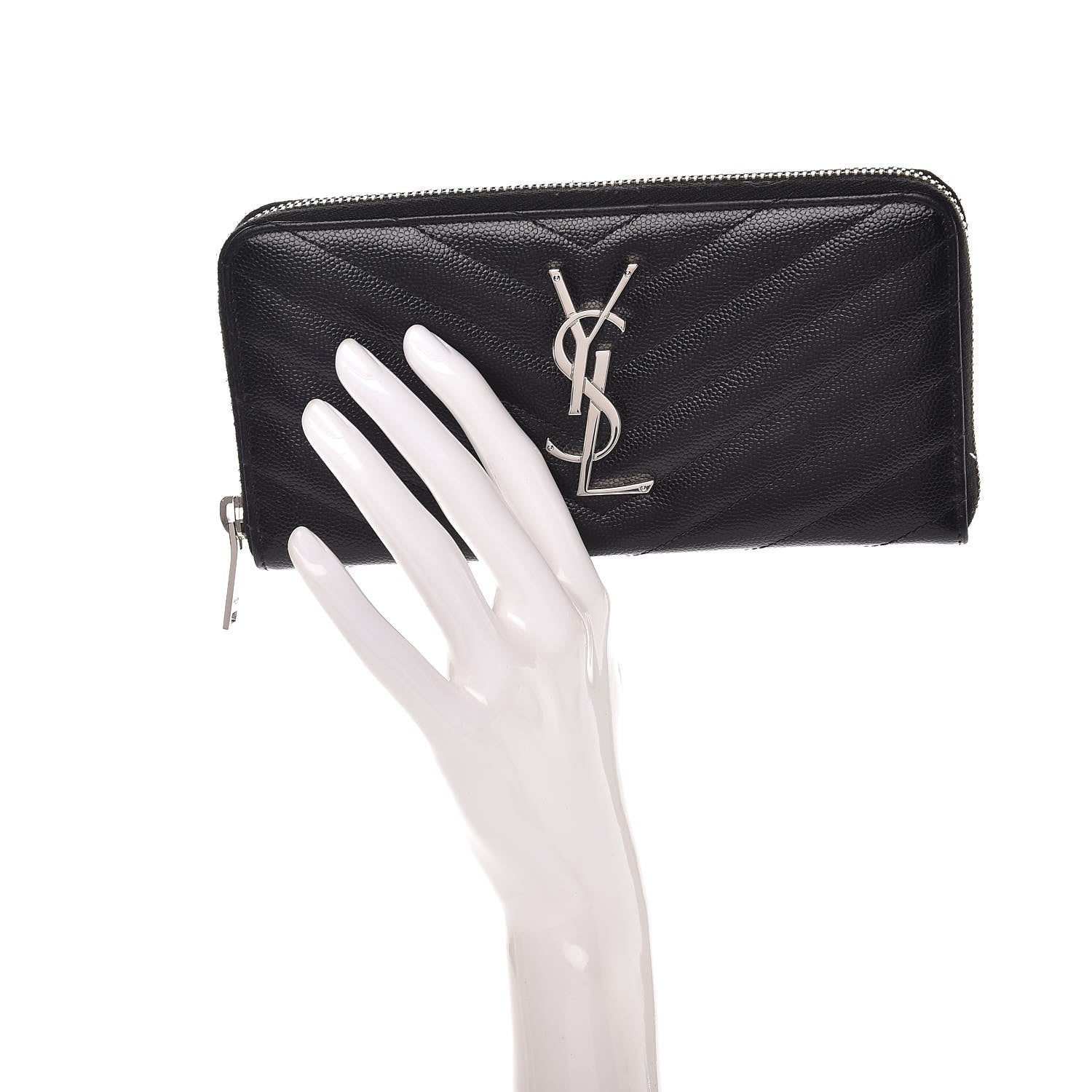 Saint Laurent Grain De Poudre Matelasse Chevron Monogram Zip Around Wallet Black 2 of 7