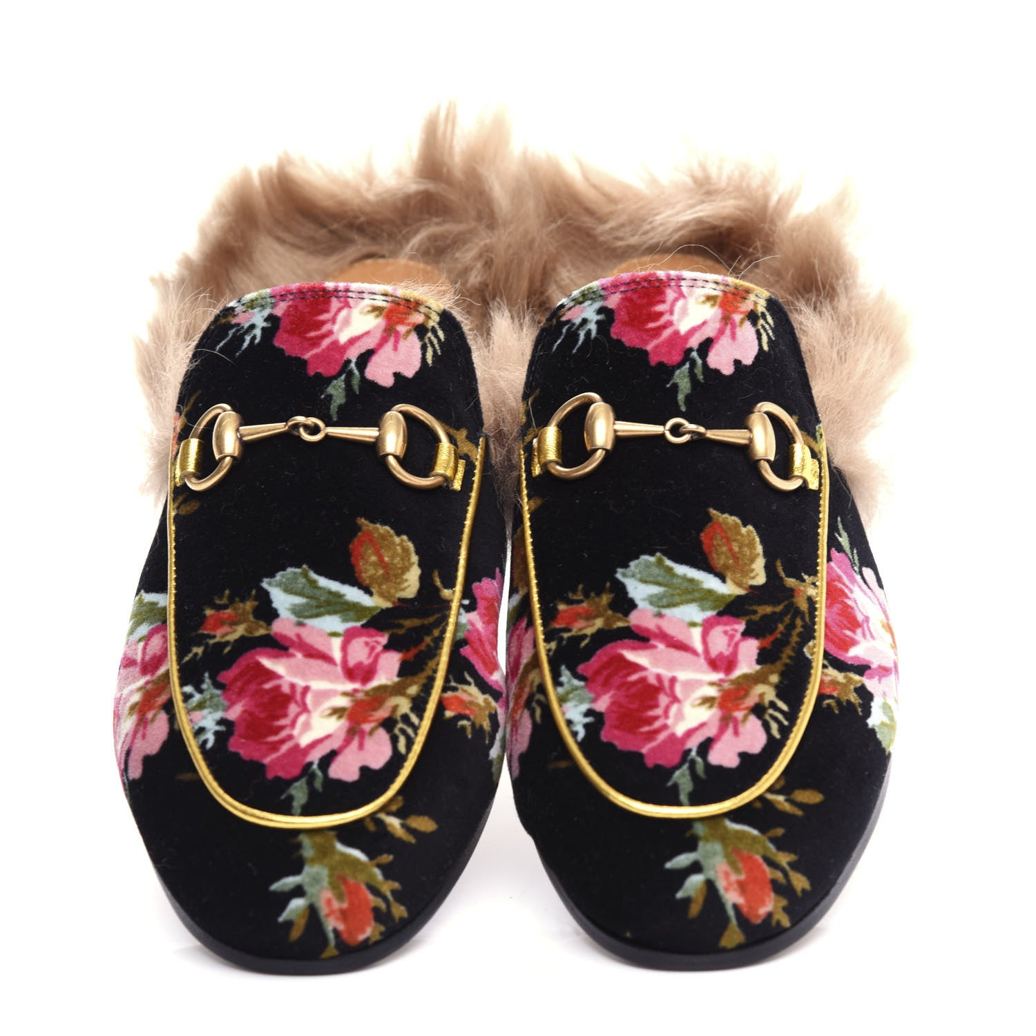 Gucci Velvet Fur Floral Womens Princetown Slippers 36 Black 5 of 10