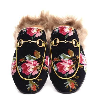 Gucci Velvet Fur Floral Womens Princetown Slippers 36 Black 5 of 10