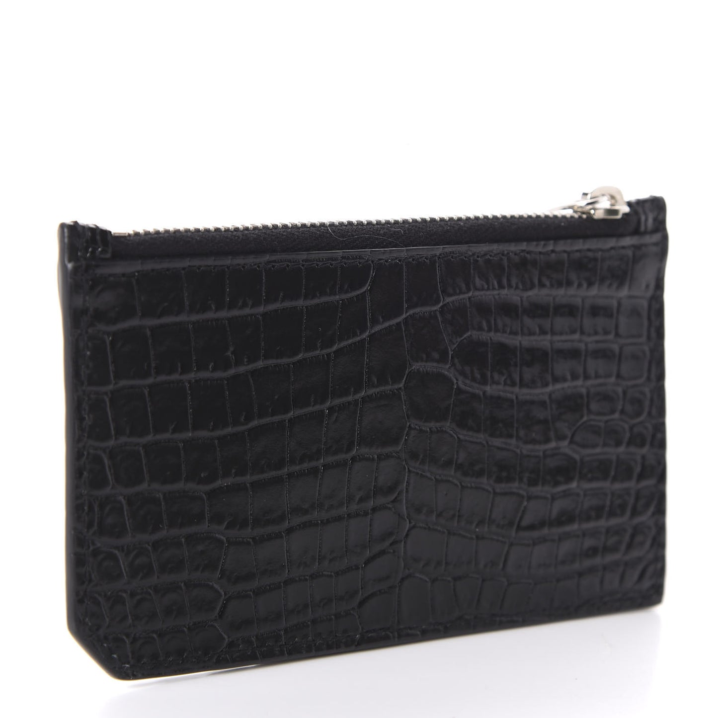 Calfskin Crocodile Embossed 5 Fragments Zip Card Case Black