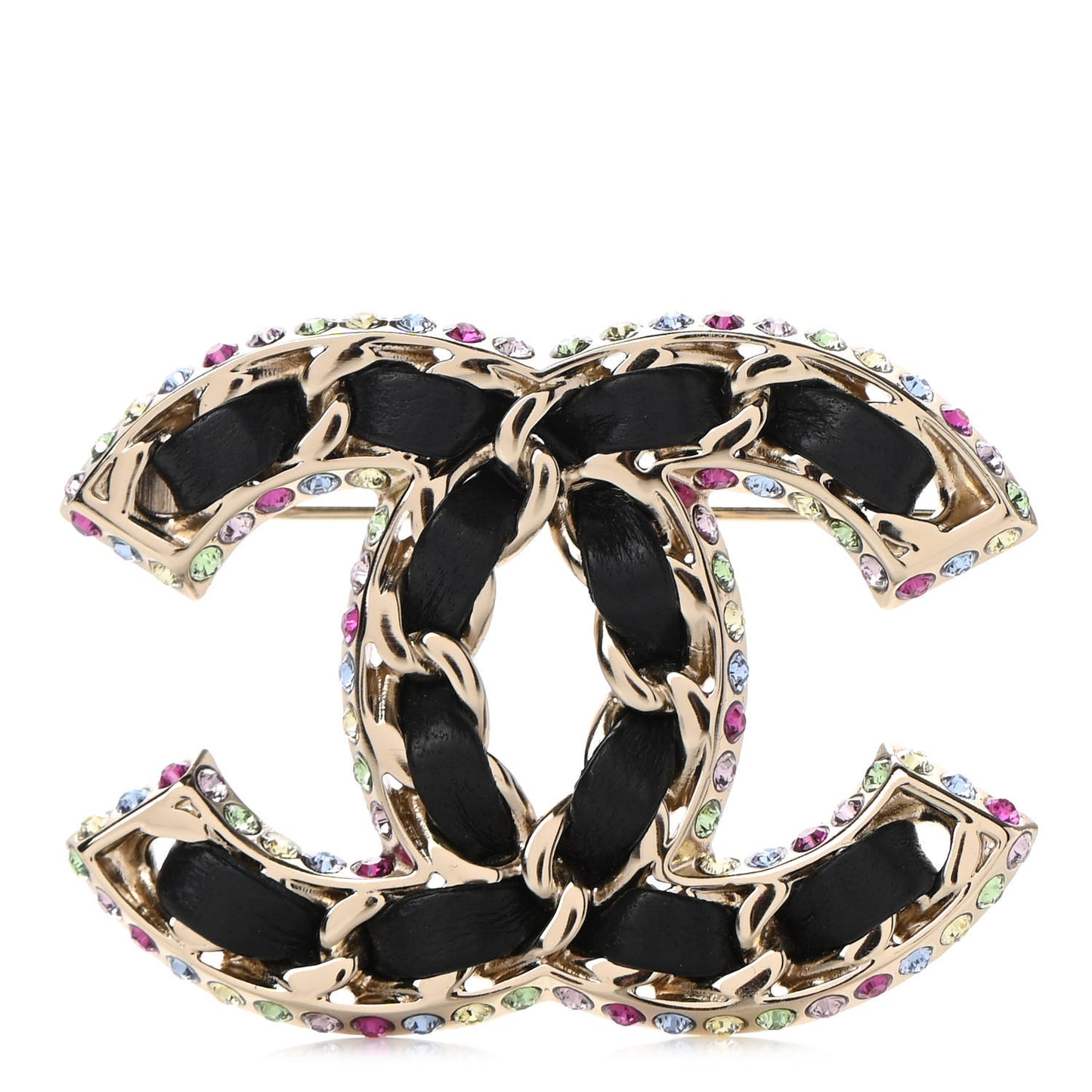 Lambskin Crystal CC Chain Brooch Black Gold Multicolor