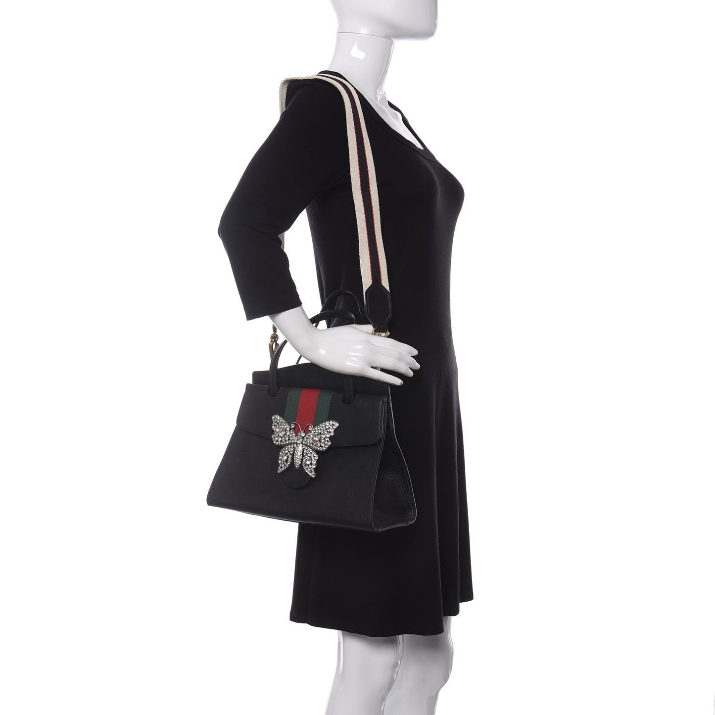 Grained Calfskin Web Crystal Butterfly Stripe Medium Totem Top Handle Bag Black