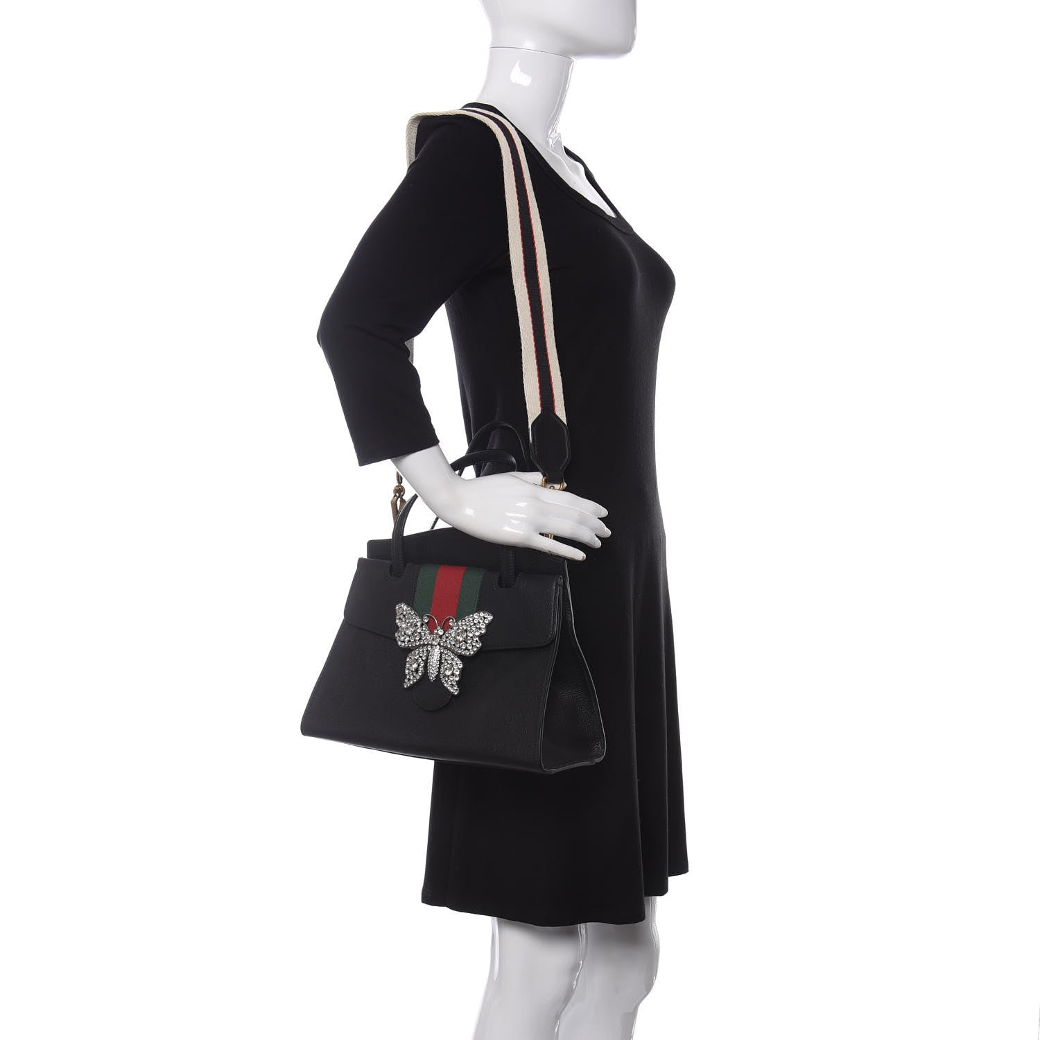 Gucci Grained Calfskin Web Crystal Butterfly Stripe Medium Totem Top Handle Bag Black 2 of 10