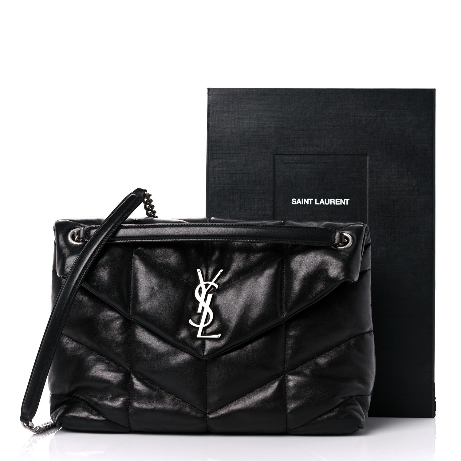 Saint Laurent Lambskin Quilted Medium Loulou Puffer Monogram Chain Satchel Black 12 of 12