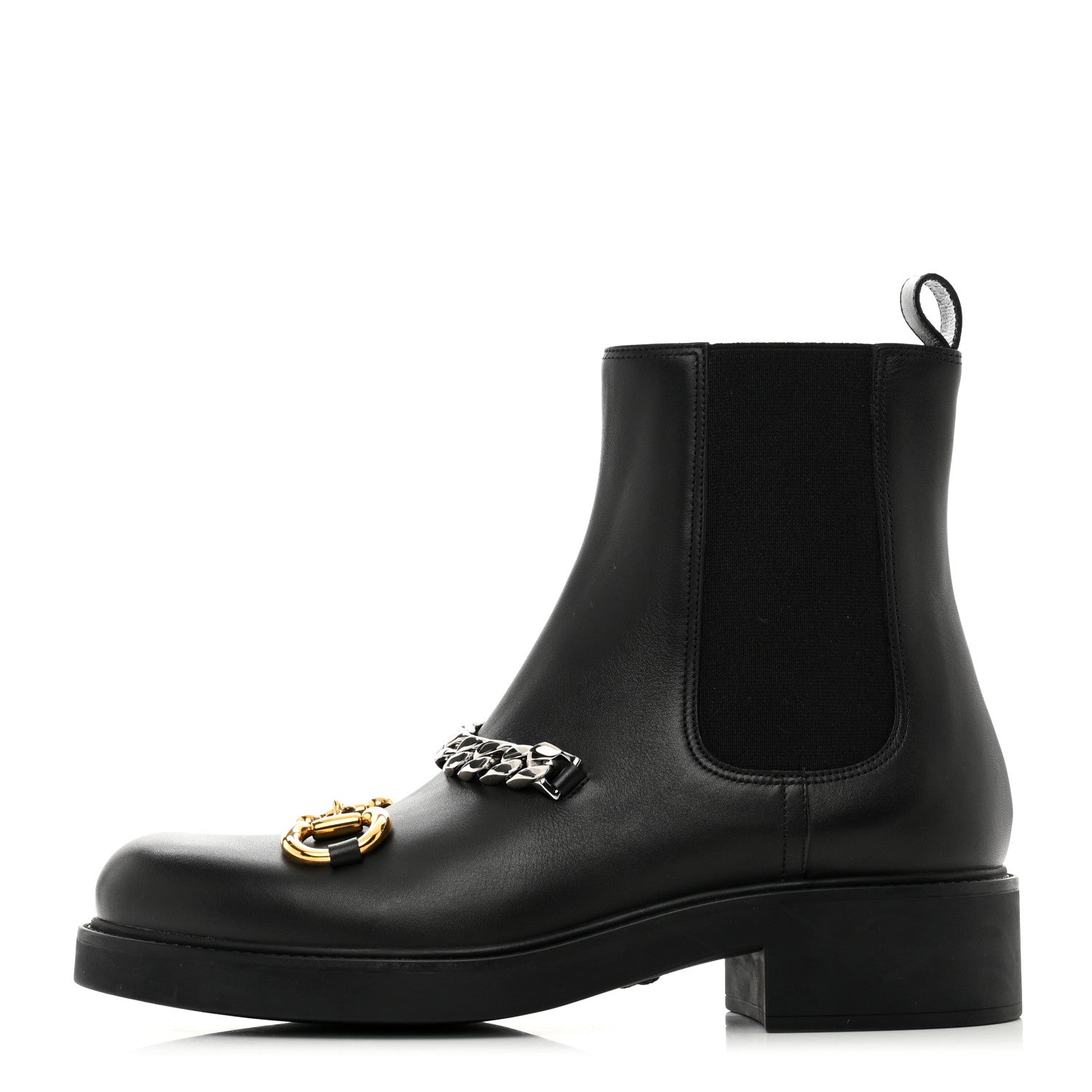 Gucci Flores Calfskin Horsebit Chain Ankle Boots 41 Black 1 of 9
