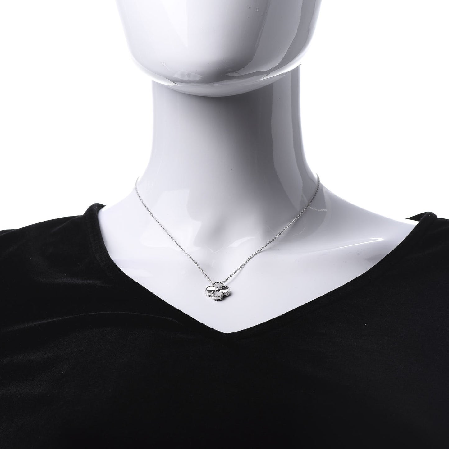 18K White Gold Diamond Guilloche Vintage Alhambra Pendant Necklace