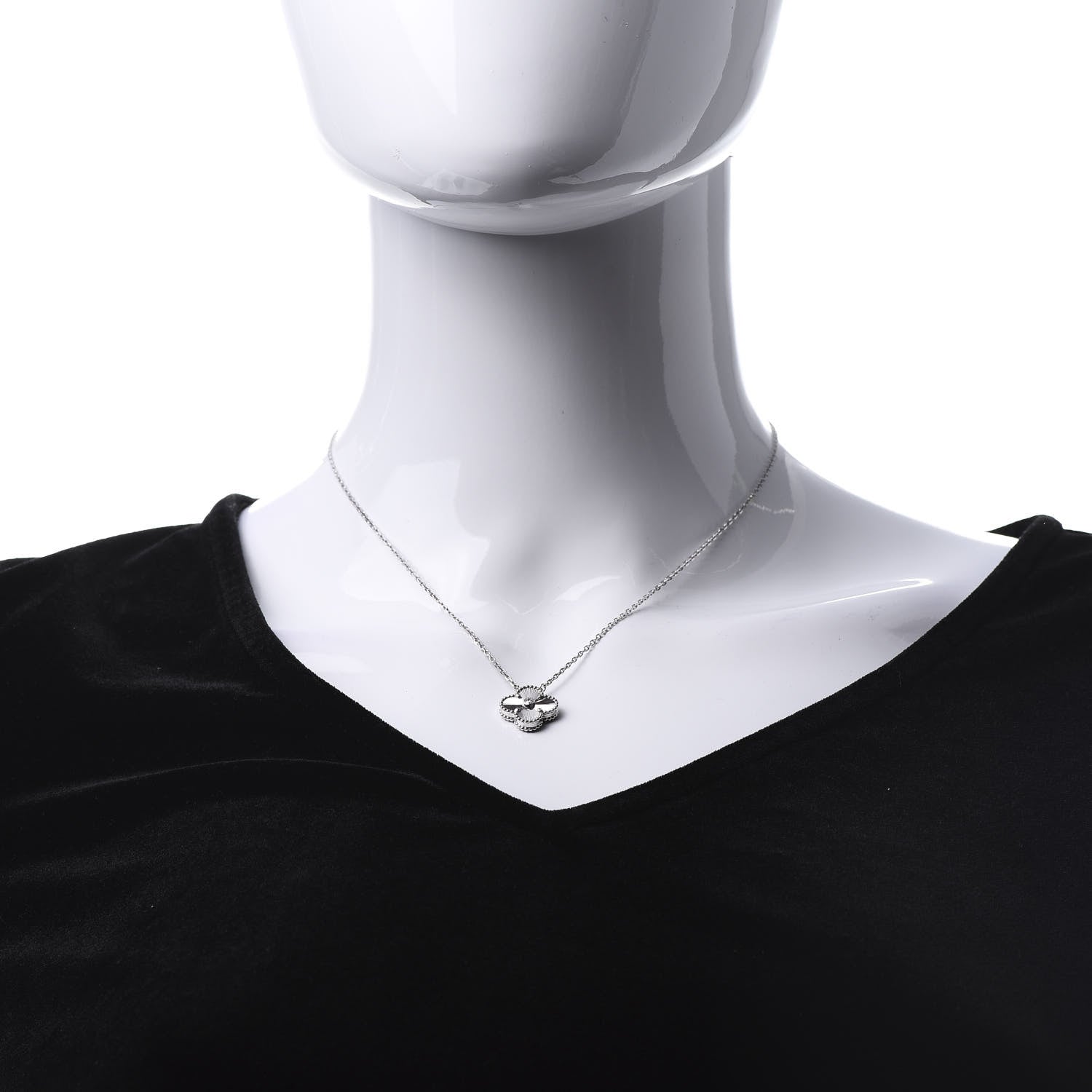 Van Cleef & Arpels 18K White Gold Diamond Guilloche Vintage Alhambra Pendant Necklace 2 of 6