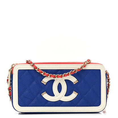 Chanel Caviar Quilted CC Filigree Clutch With Chain Blue White Red 1 of 11