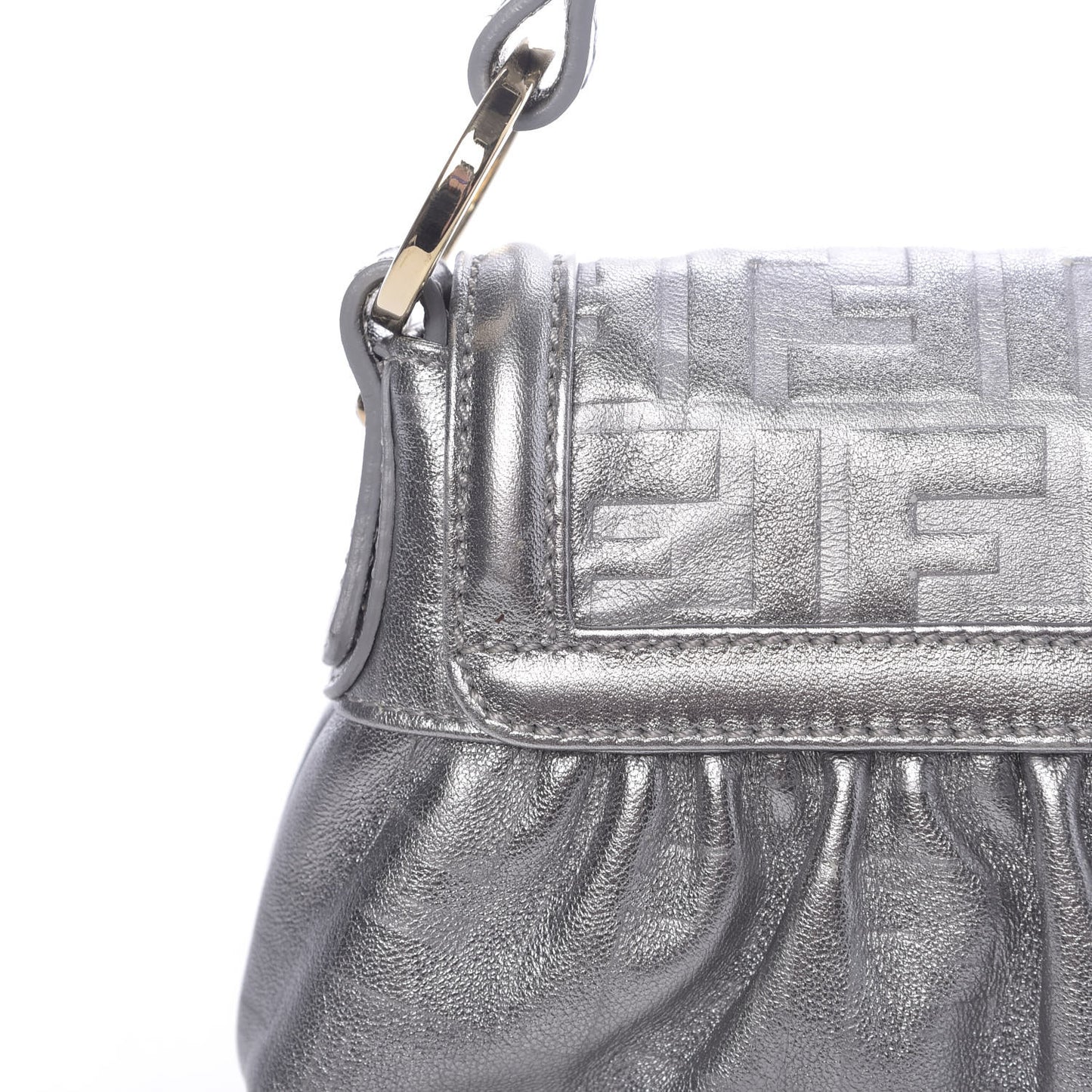 Metallic Calfskin FF Embossed Mini Chef Shoulder Bag Argento