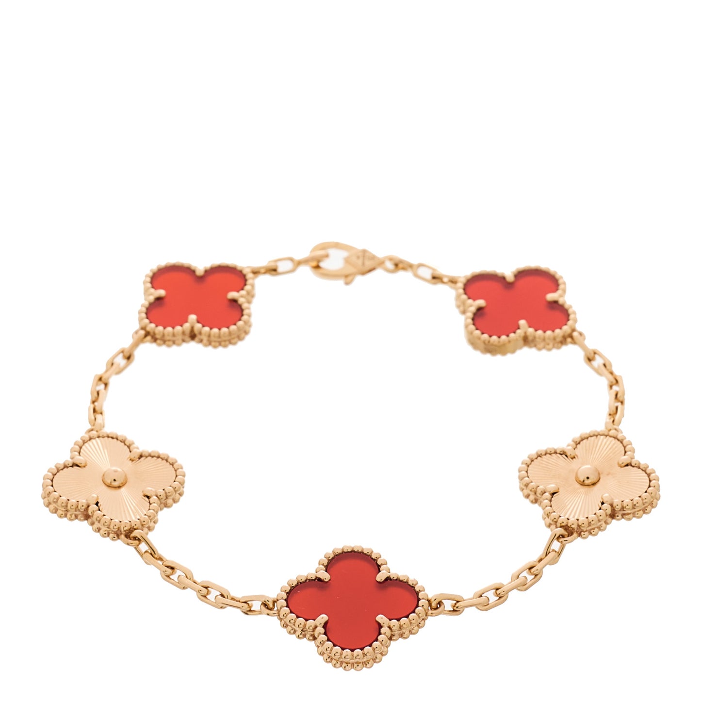 18K Rose Gold Carnelian 5 Motifs Guilloche Vintage Alhambra Bracelet