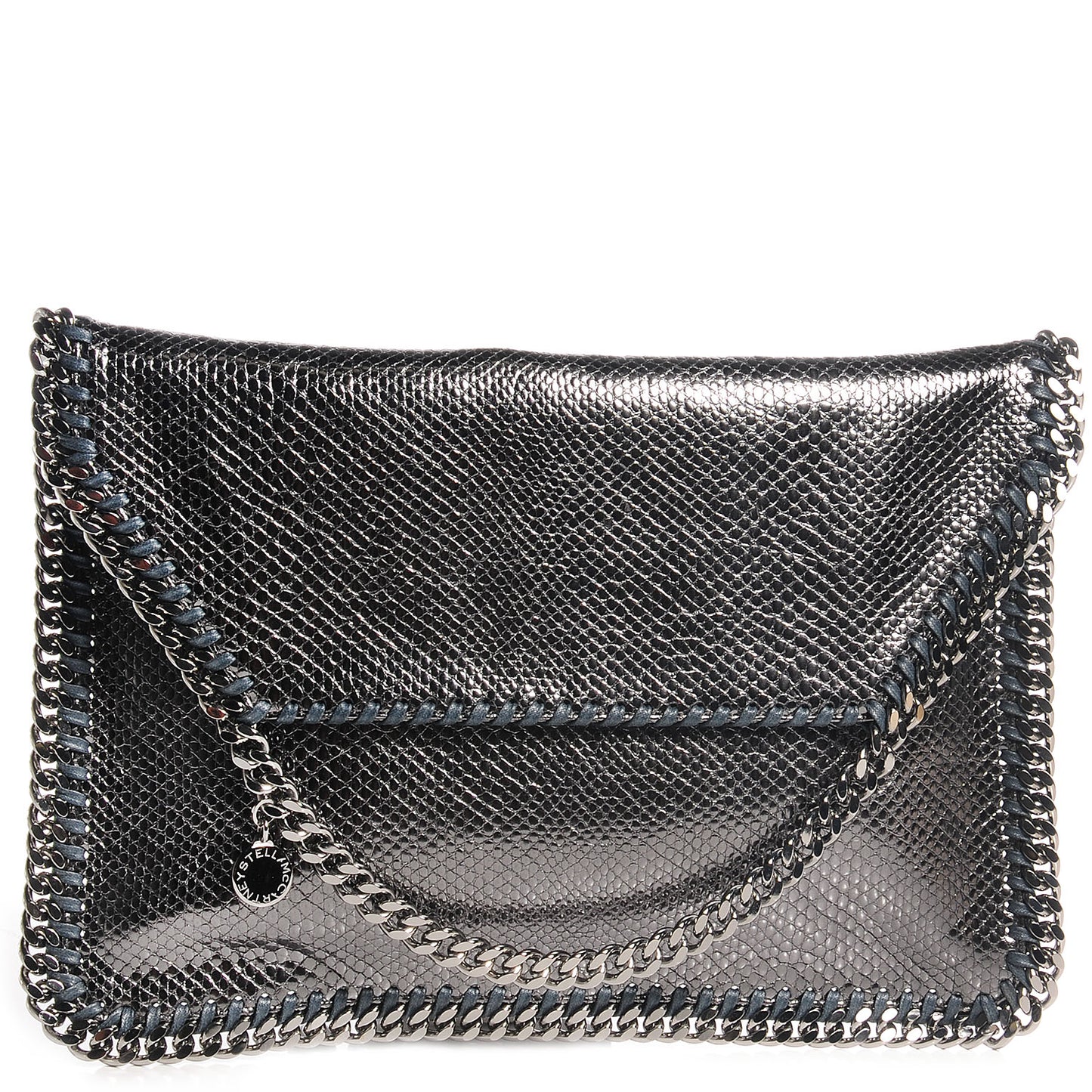 Shiny Faux Leather Chain Fold Over Oversized Clutch Pewter