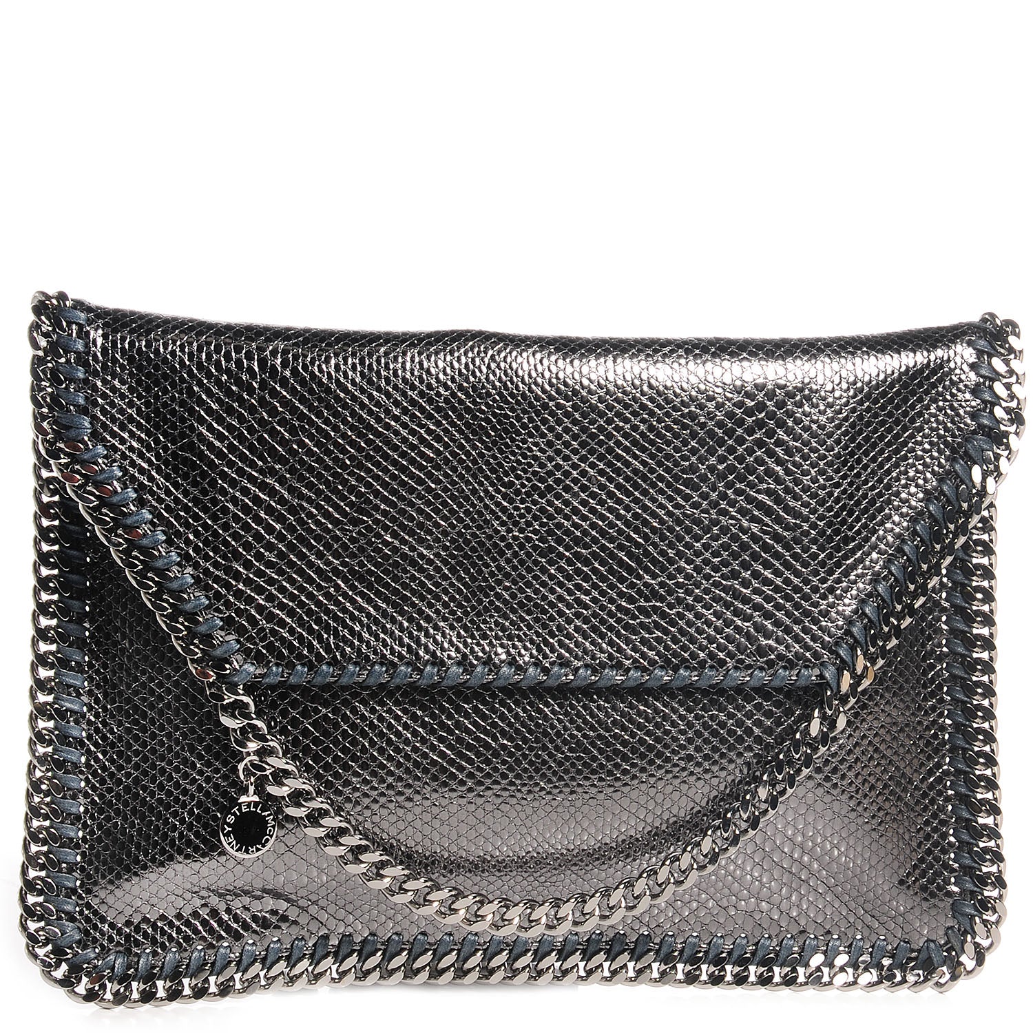 Stella McCartney Shiny Faux Leather Chain Fold Over Oversized Clutch Pewter 1 of 8