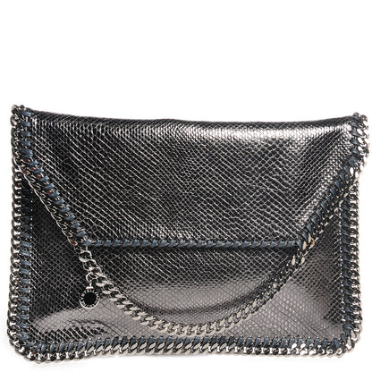 Stella McCartney Shiny Faux Leather Chain Fold Over Oversized Clutch Pewter 1 of 8