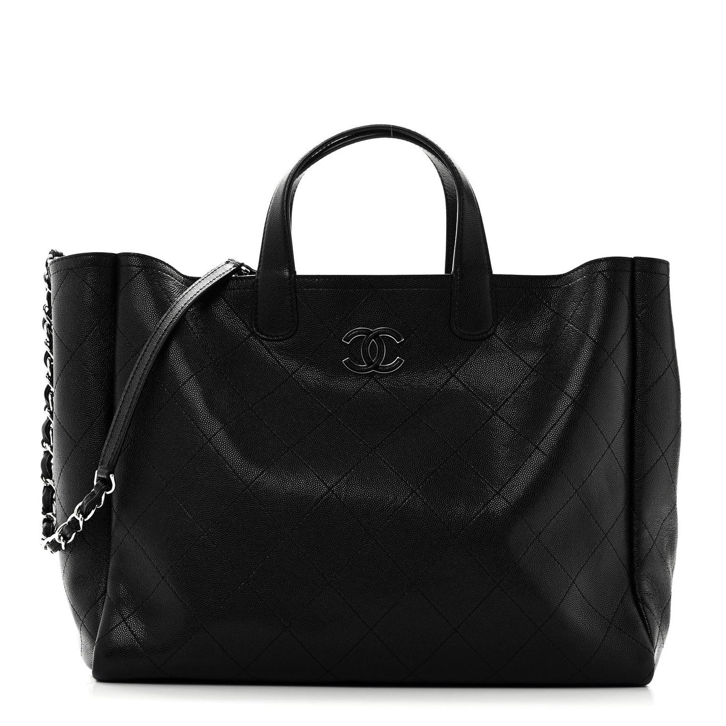 Caviar Stitched Large Lady Coco Shopping Tote Black
