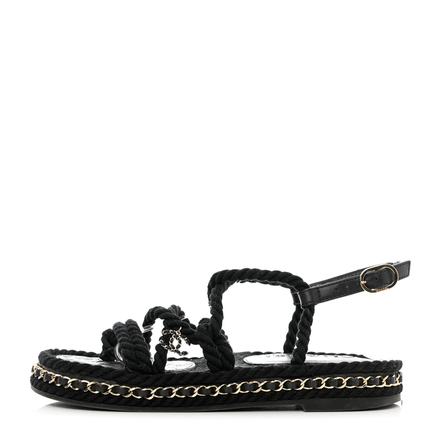 Lambskin Cord Chain CC Sandals 36 Black