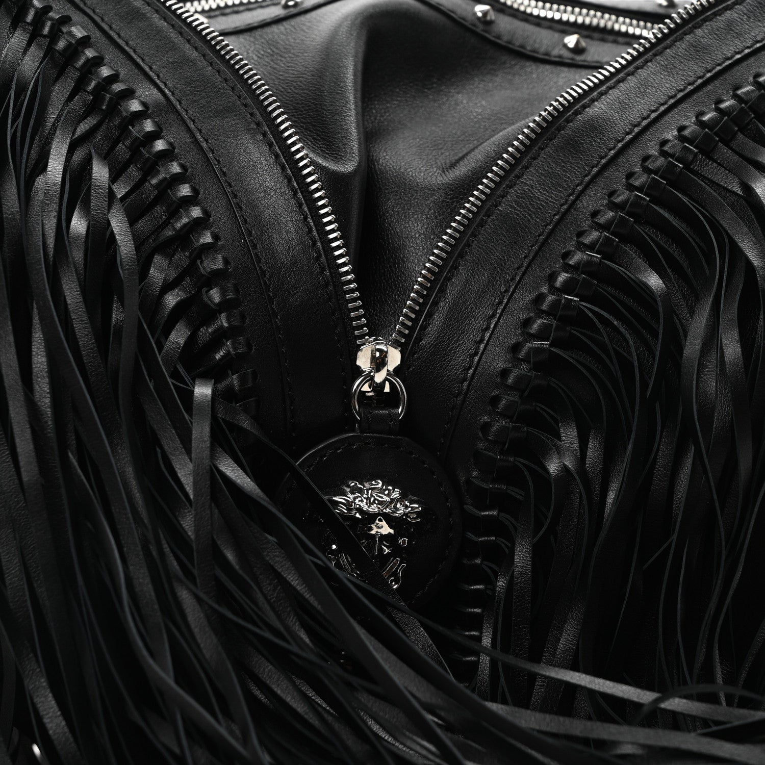 Versace Calfskin Studded Large Fringe Repeat Zip Hobo Black 8 of 10