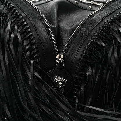 Versace Calfskin Studded Large Fringe Repeat Zip Hobo Black 8 of 10
