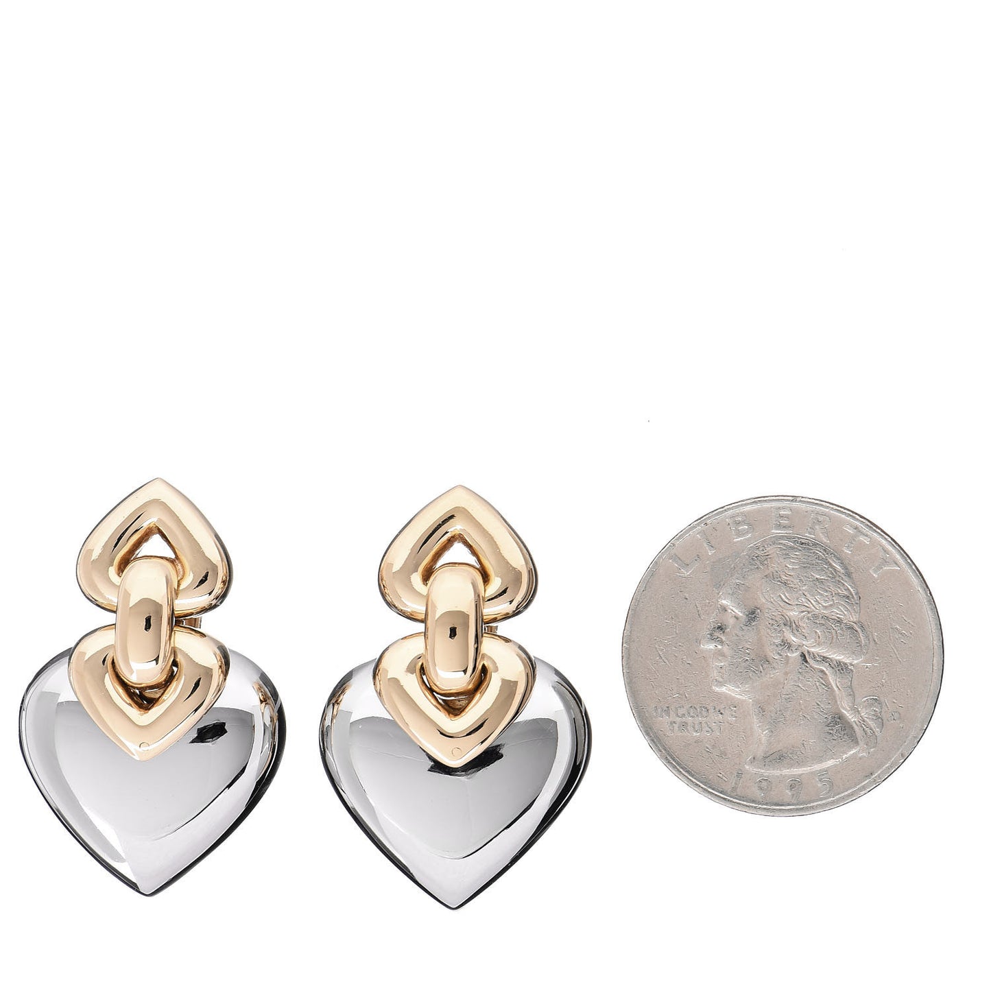 18K Yellow White Gold Doppio Heart Drop Clip-On Earrings