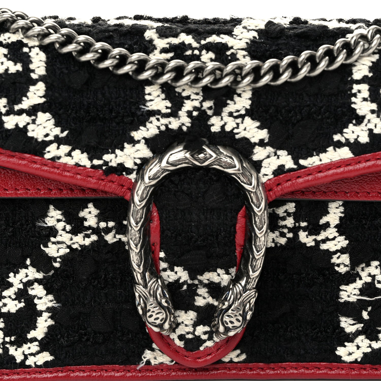 Gucci Tweed GG Monogram Super Mini Dionysus Shoulder Bag Black White Romantic Cherry 7 of 10