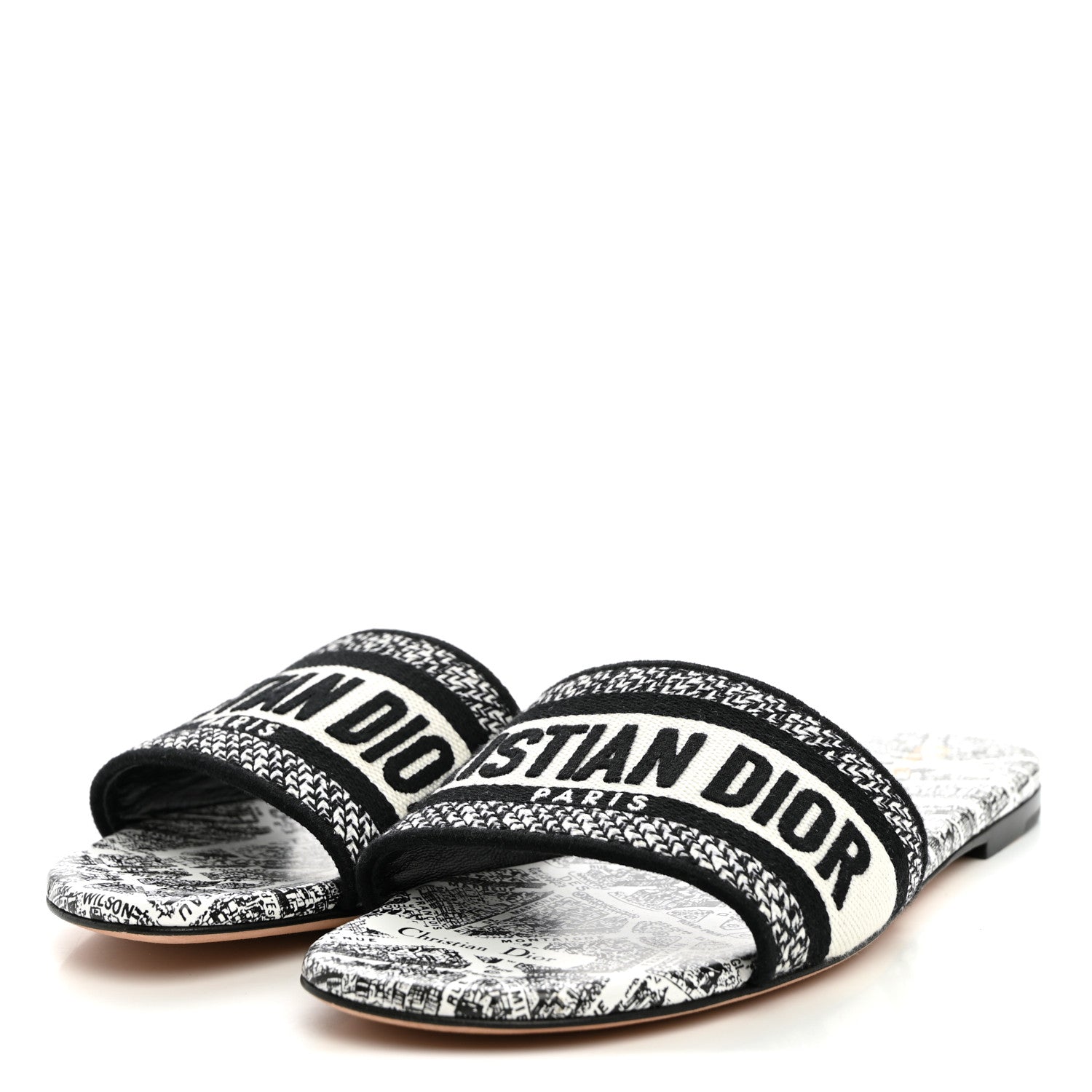 Christian Dior Canvas Embroidered Paris Dway Mules Slide Sandals 37 White Black 3 of 9