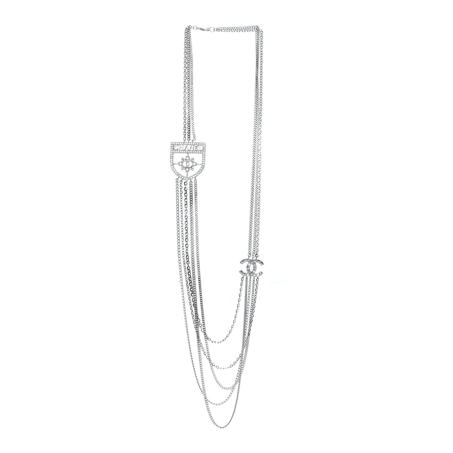 Baguette Crystal CC Shield Multi Strand Long Chain Necklace Silver