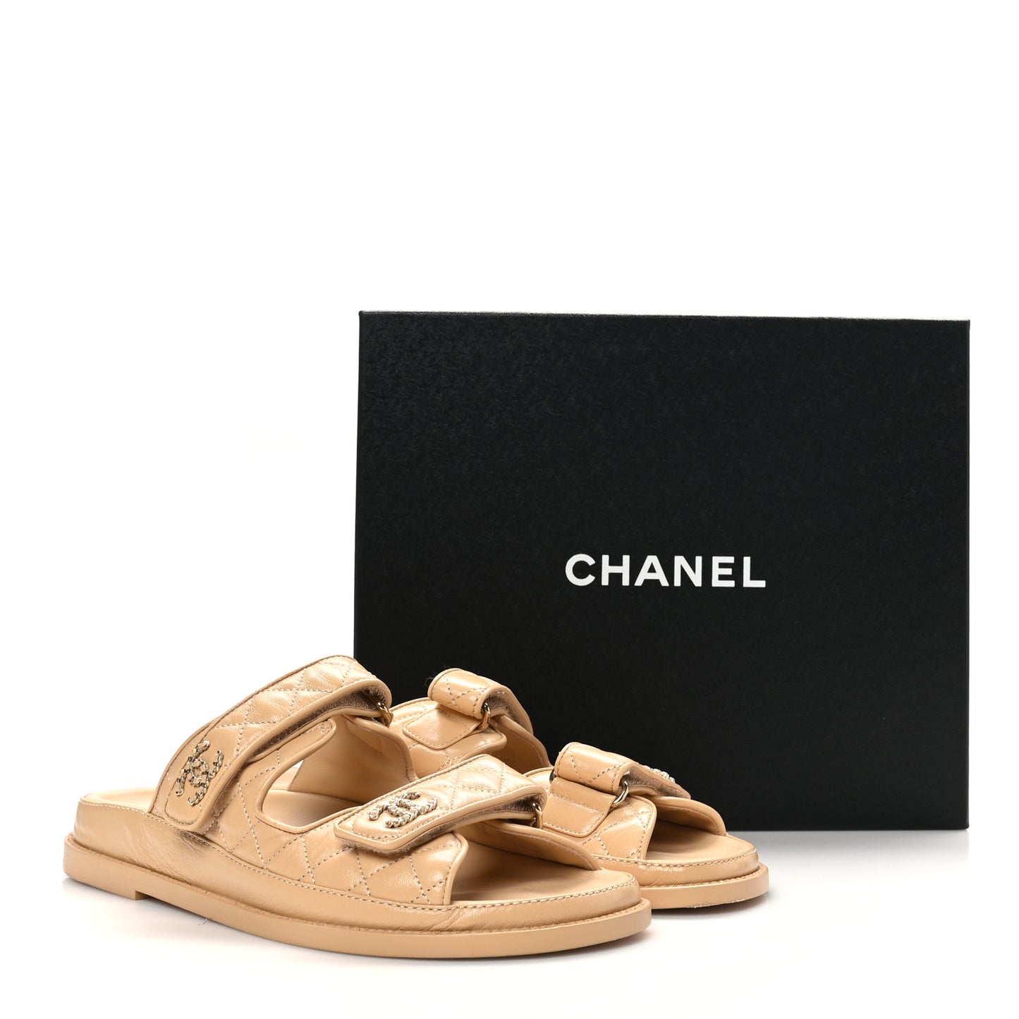 Lambskin Quilted Velcro Dad Chain CC Slide Sandals 40 Beige