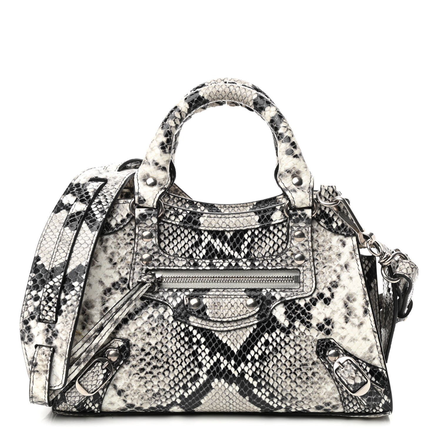 Balenciaga Grained Calfskin Snake Effect Neo Classic Silver Hardware Mini City Black White 1 of 9