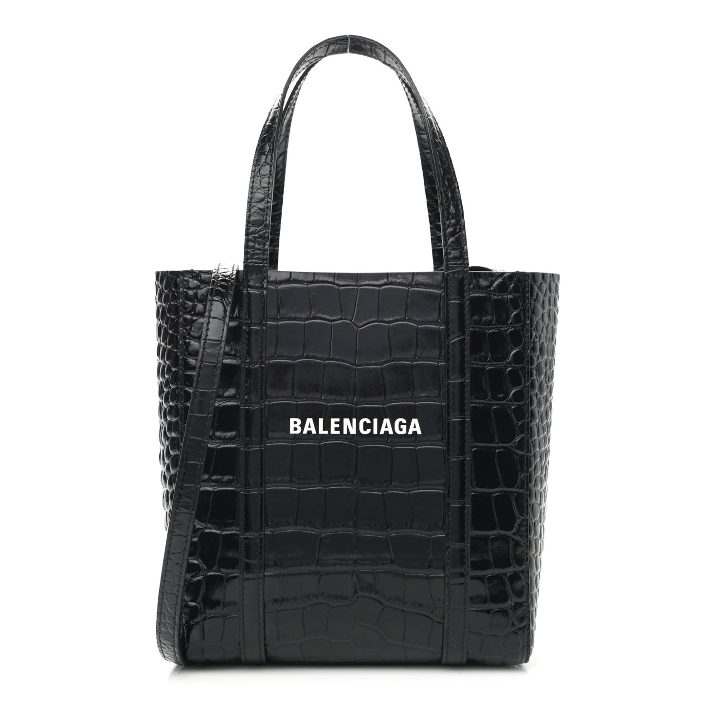 Shiny Calfskin Logo Crocodile Embossed XXS Everyday Tote Black