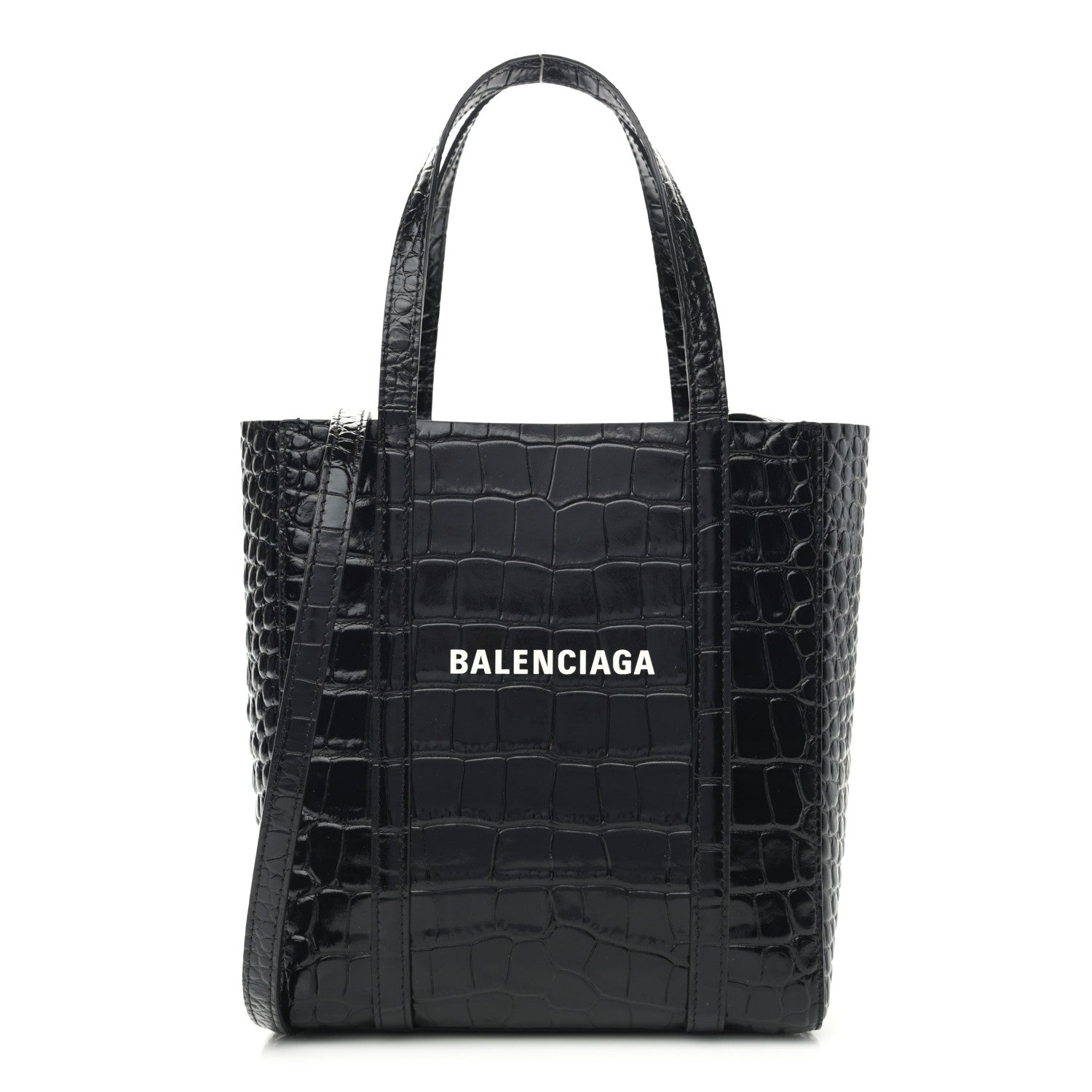 Balenciaga Shiny Calfskin Logo Crocodile Embossed XXS Everyday Tote Black 1 of 9