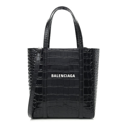 Balenciaga Shiny Calfskin Logo Crocodile Embossed XXS Everyday Tote Black 1 of 9