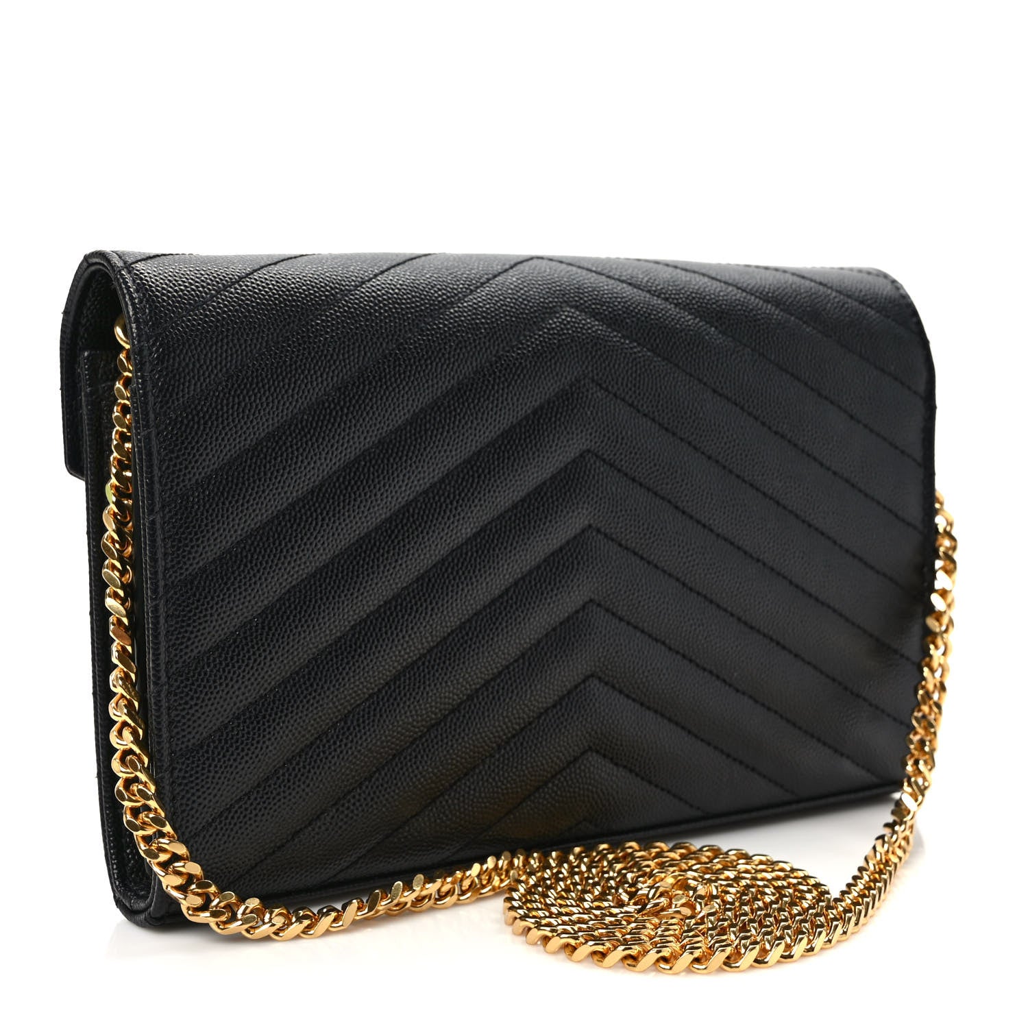 Saint Laurent Grain De Poudre Matelasse Chevron Monogram Chain Wallet Black 3 of 9