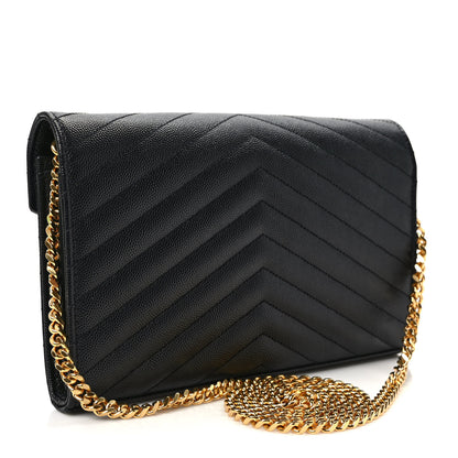 Saint Laurent Grain De Poudre Matelasse Chevron Monogram Chain Wallet Black 3 of 9